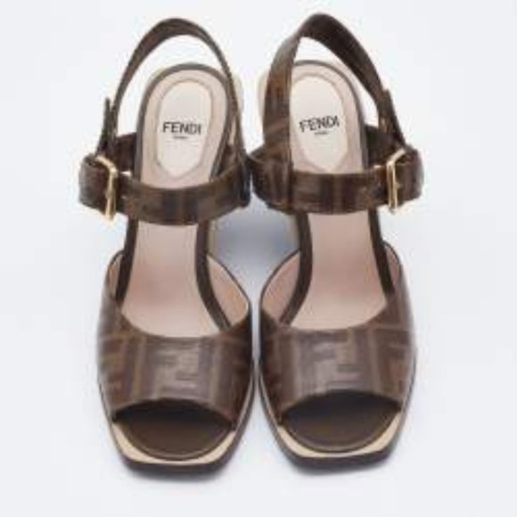 Fendi Zucca Zeppa Tessuto Wedges Gold Buckle Ankle Strap Shoes Heels 37.5 7 7.5